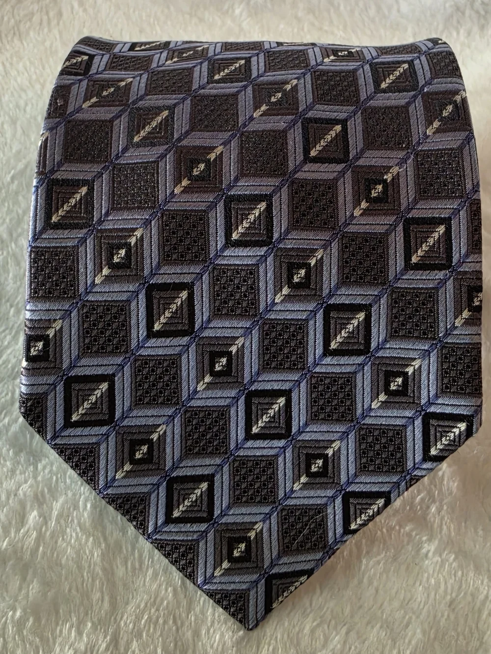 Vintage Pavone Men's Silk Necktie Geometric Squares Silver Blue Black Tie Italy